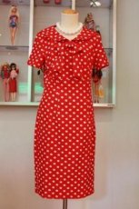 画像2: 赤×白水玉半袖襟付きタイトワンピース！SーM☆ロカビリー＆オールディーズファッション♪ (2)