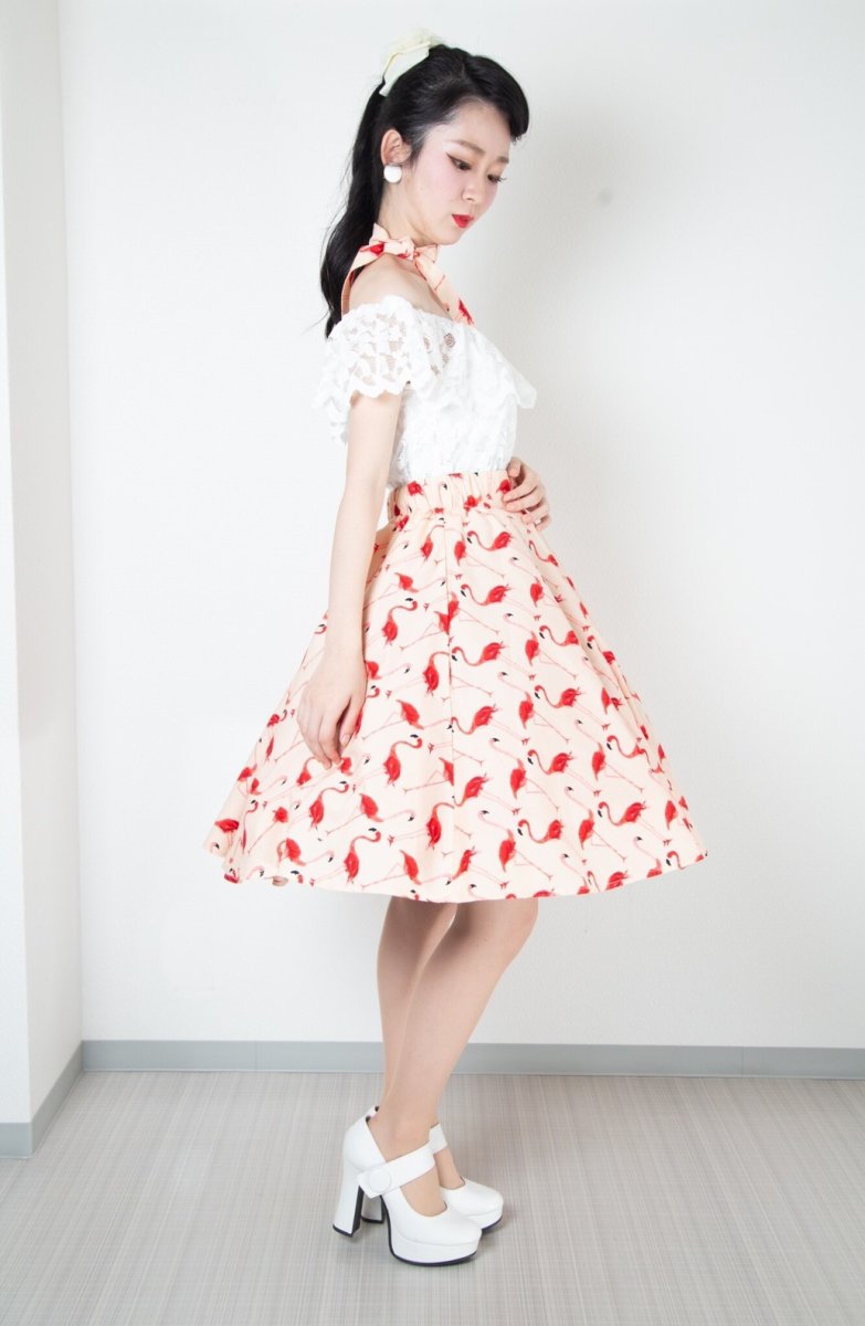 画像3: SpiceUp★Groovyオリジナル☆ピンクベージュフラミンゴサーキュラー50’ｓスカート！共布おリボン付き (3)